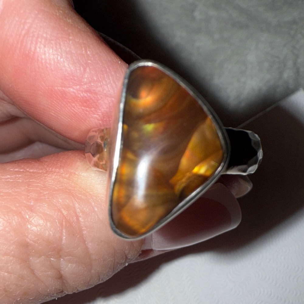 Elegant 925 Silver Hammered Band Ant Hill Fire Agate Women's Ring Size 7